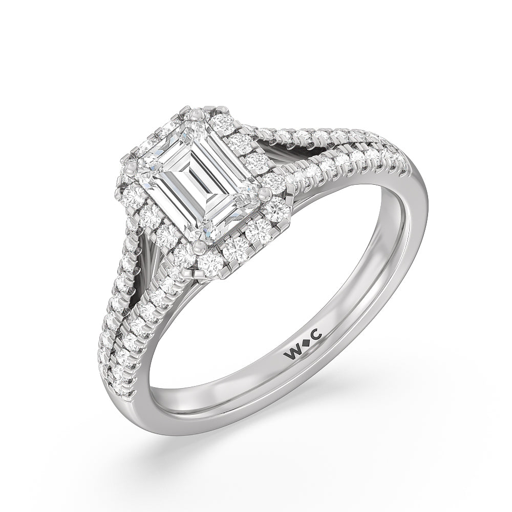 Split Shank Cathedral Halo Engagement Ring with Emerald Cut Diamond in 14KT Platinum view 3