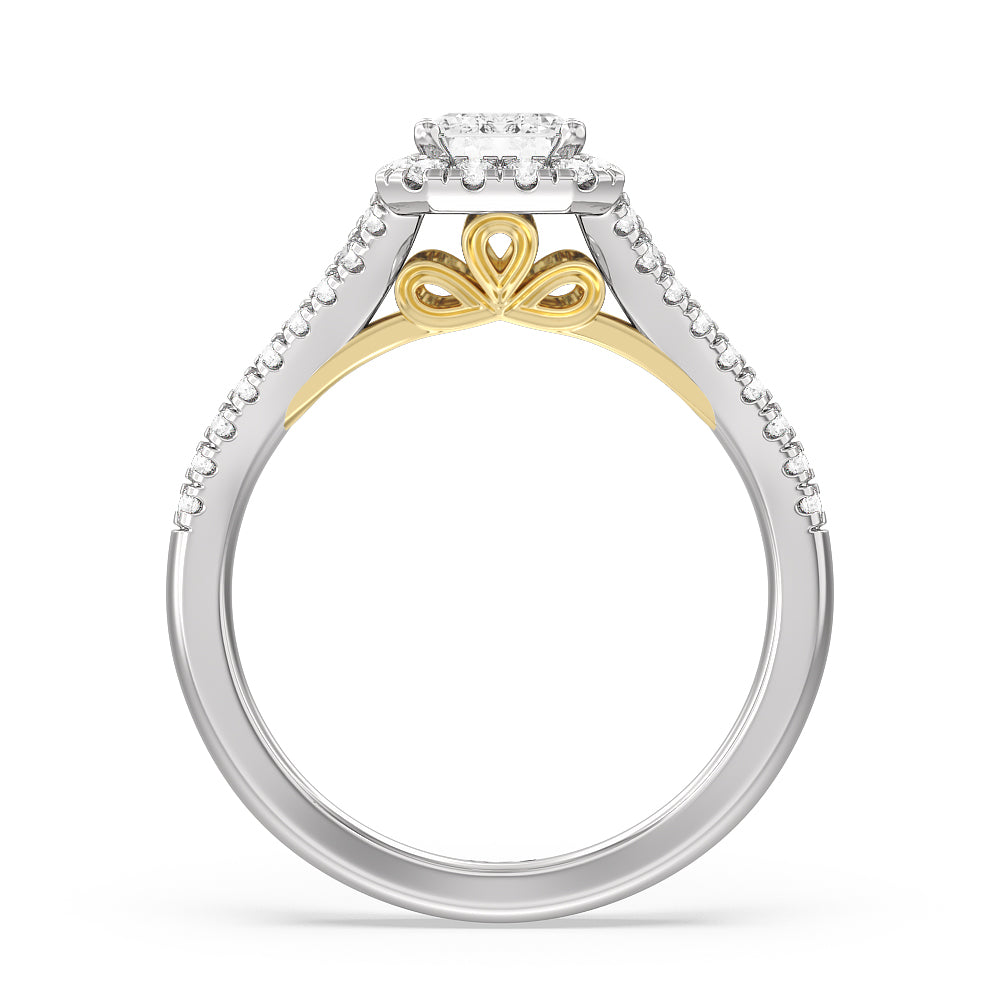 Split Shank Cathedral Halo Engagement Ring with Emerald Cut Diamond in 14KT White & Yellow Gold view 2