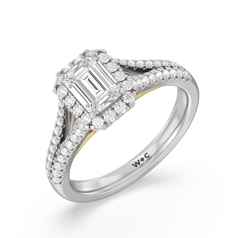 Split Shank Cathedral Halo Engagement Ring with Emerald Cut Diamond in 14KT White & Yellow Gold view 3