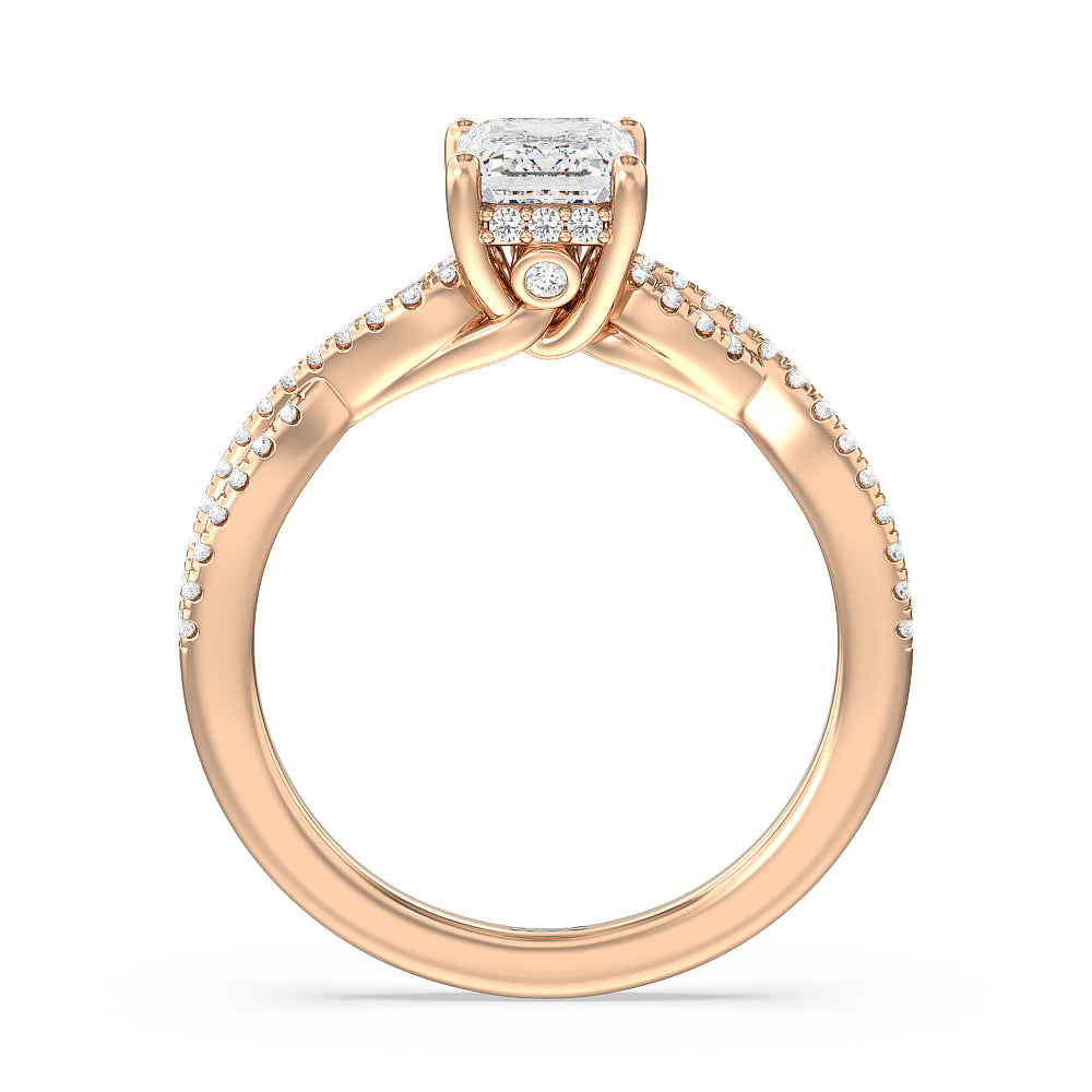 Emerald Cut Twist Hidden Accent Engagement Ring with Lab Grown Diamond in 14KT Rose Gold view 2
