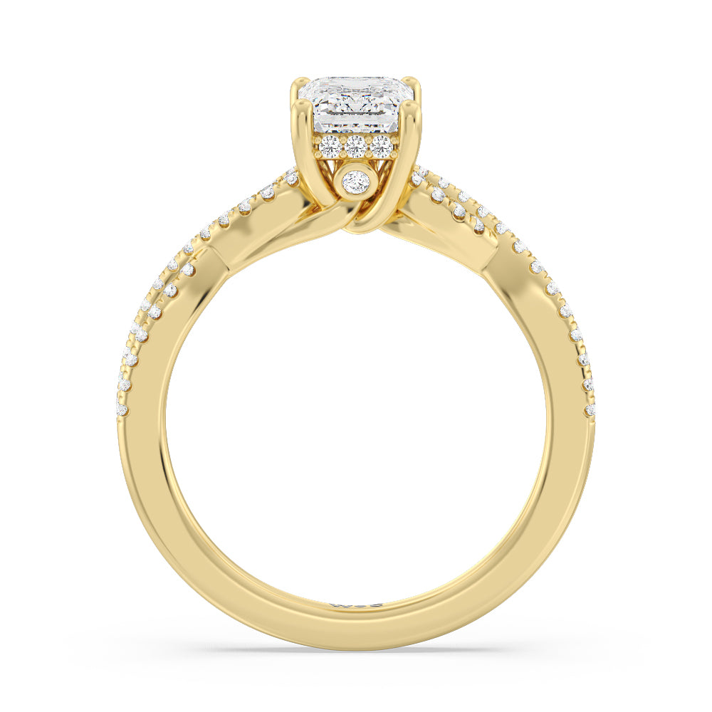 Emerald Cut Twist Hidden Accent Engagement Ring with Lab Grown Diamond in 14KT Yellow Gold view 2
