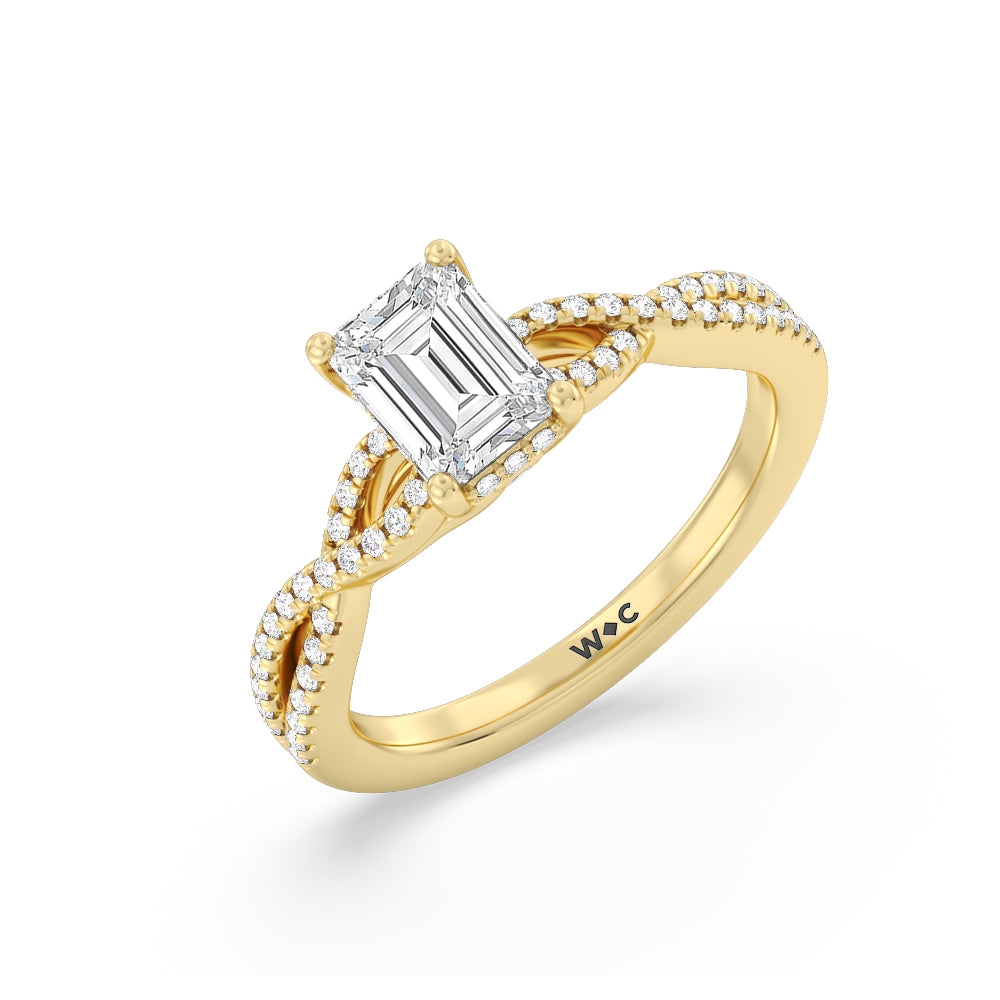 Emerald Cut Twist Hidden Accent Engagement Ring with Lab Grown Diamond in 14KT Yellow Gold view 3