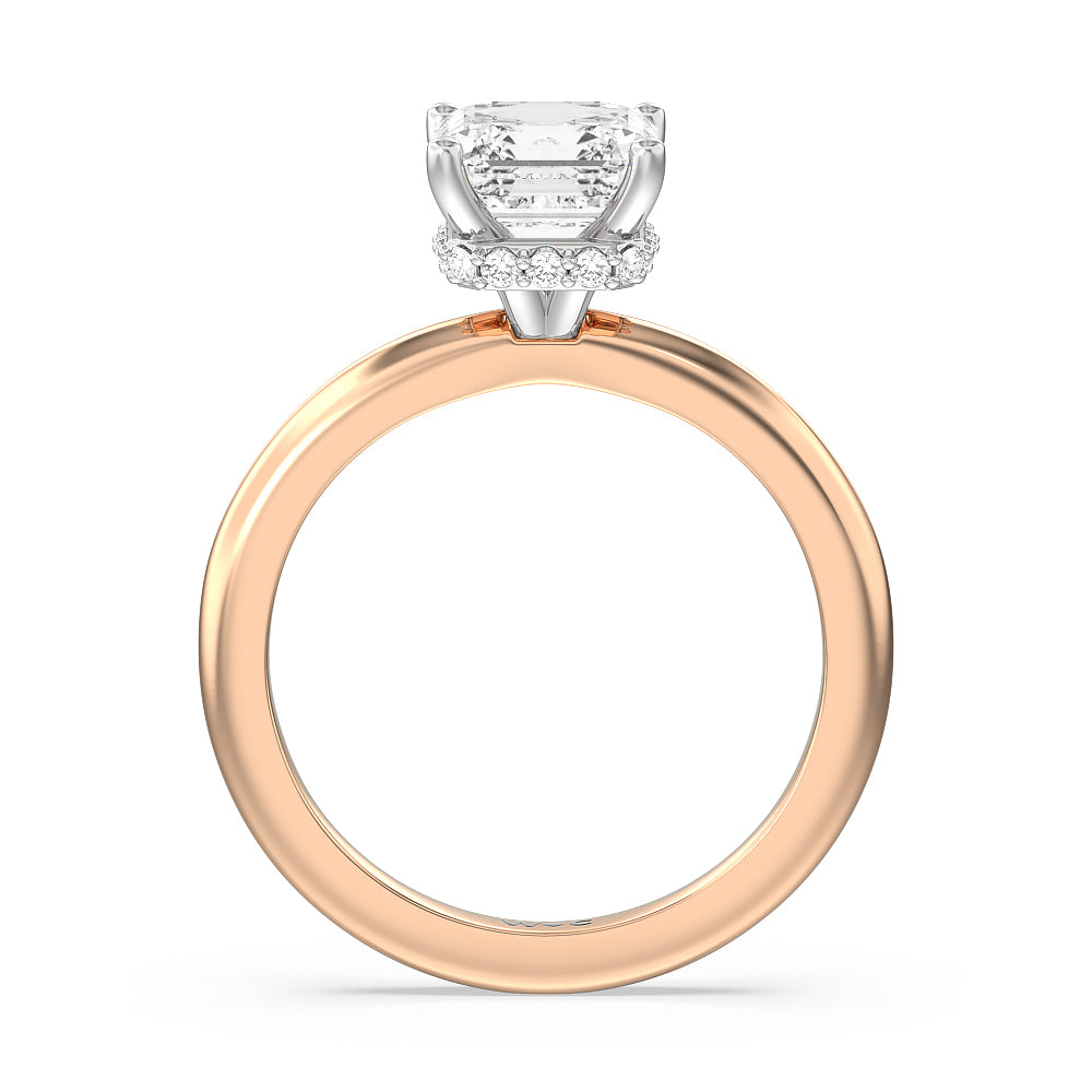 Modern Fine Line Hidden Halo Engagement Ring with Asscher Cut Diamond in 14KT White & Rose Gold view 2