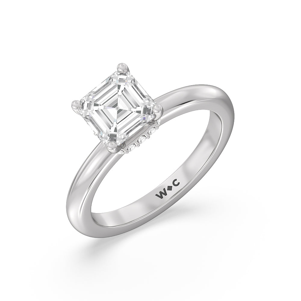 Modern Fine Line Hidden Halo Engagement Ring with Asscher Cut Diamond in 14KT Platinum view 3
