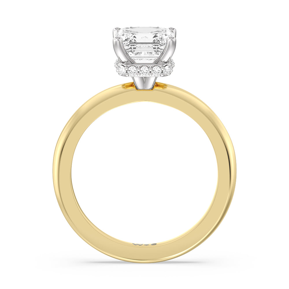 Modern Fine Line Hidden Halo Engagement Ring with Asscher Cut Diamond in 14KT White & Yellow Gold view 2