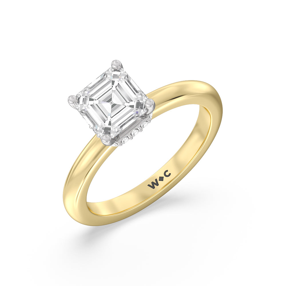 Modern Fine Line Hidden Halo Engagement Ring with Asscher Cut Diamond in 14KT White & Yellow Gold view 3