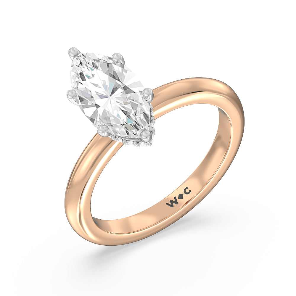 Modern Fine Line Hidden Halo Engagement Ring with Marquise Cut Diamond in 14KT White & Rose Gold view 3