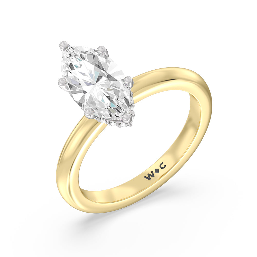 Modern Fine Line Hidden Halo Engagement Ring with Marquise Cut Diamond in 14KT White & Yellow Gold view 3