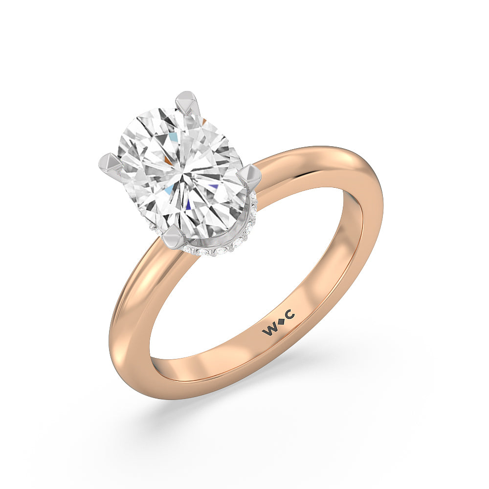 Modern Fine Line Hidden Halo Engagement Ring with Oval Cut Diamond in 14KT White & Rose Gold view 3