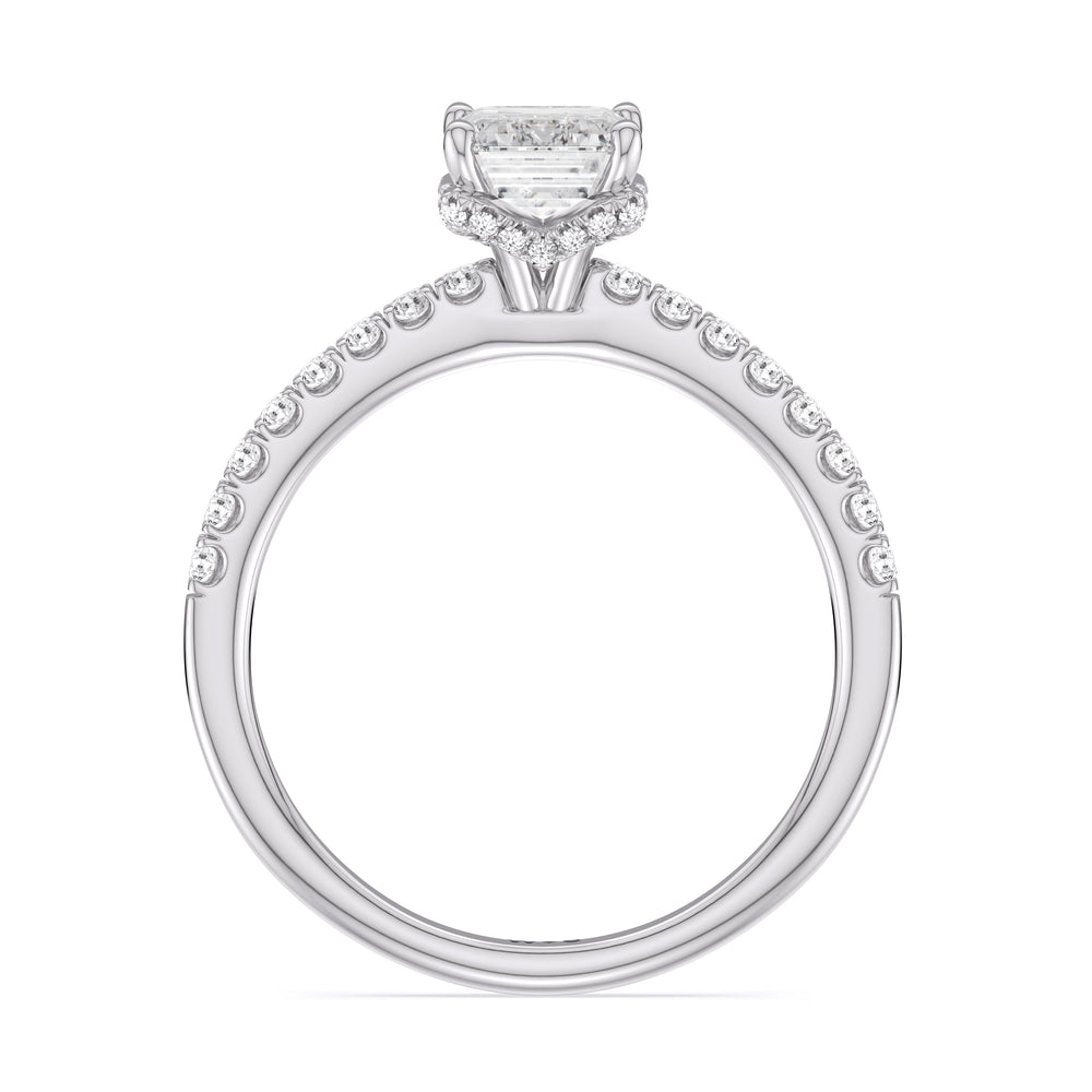 Chevron Hidden Halo Engagement Ring with Emerald Cut Diamond in 14KT Platinum view 2