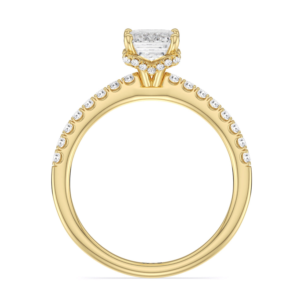Chevron Hidden Halo Engagement Ring with Emerald Cut Diamond in 14KT Yellow Gold view 2