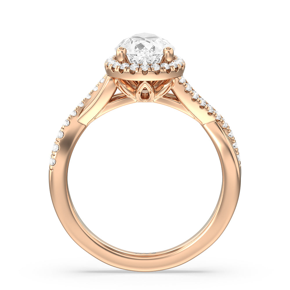 Crossover Split Cathedral Halo Engagement Ring with Pear Cut Diamond in 14KT Rose Gold view 2