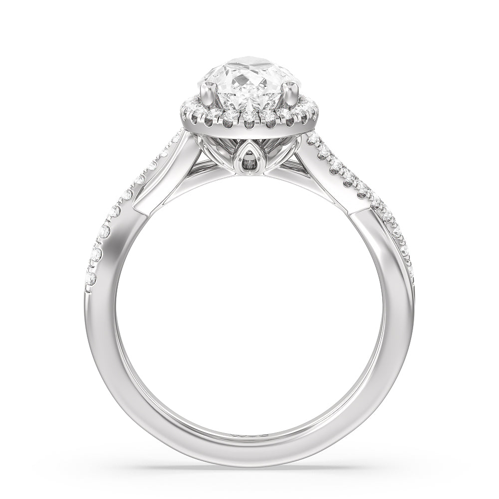 Crossover Split Cathedral Halo Engagement Ring with Pear Cut Diamond in 14KT Platinum view 2