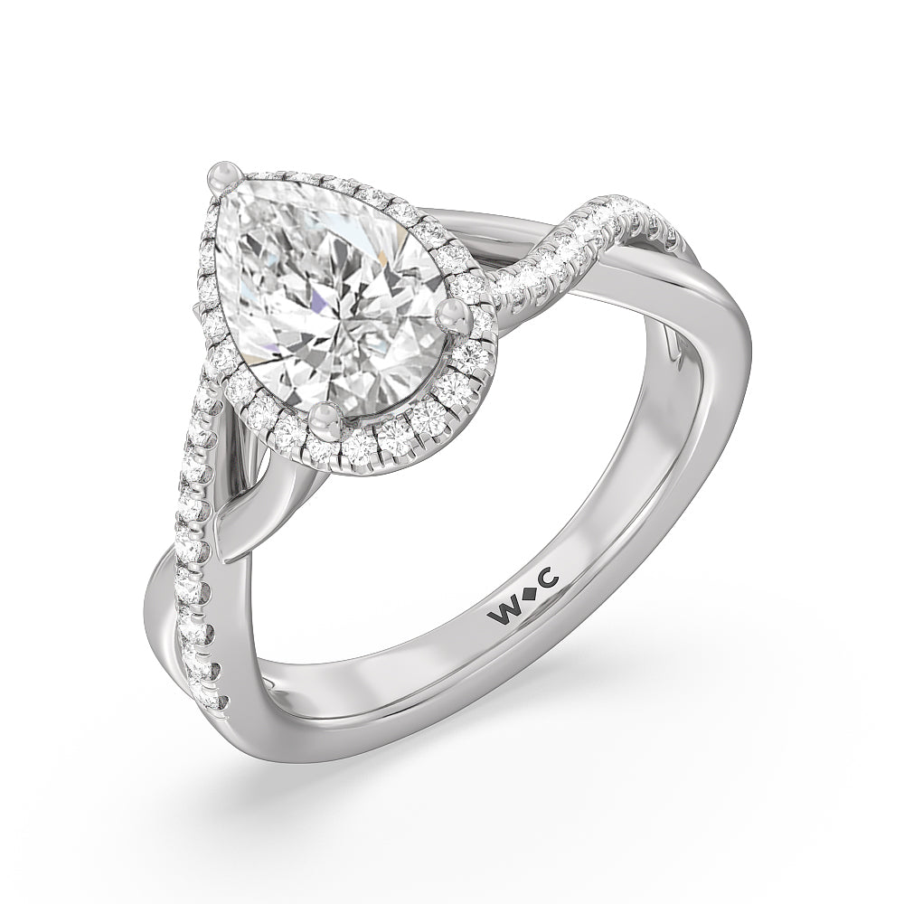 Crossover Split Cathedral Halo Engagement Ring with Pear Cut Diamond in 14KT Platinum view 3