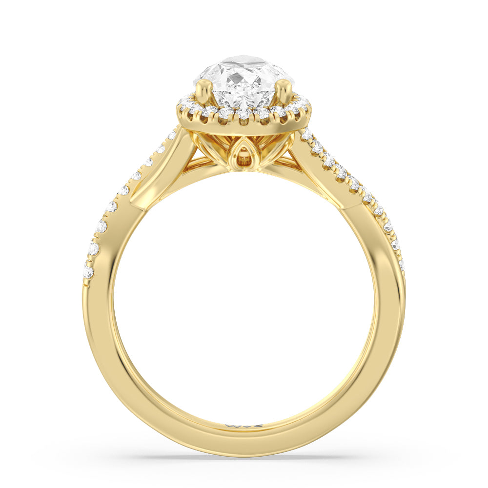 Crossover Split Cathedral Halo Engagement Ring with Pear Cut Diamond in 14KT Yellow Gold view 2