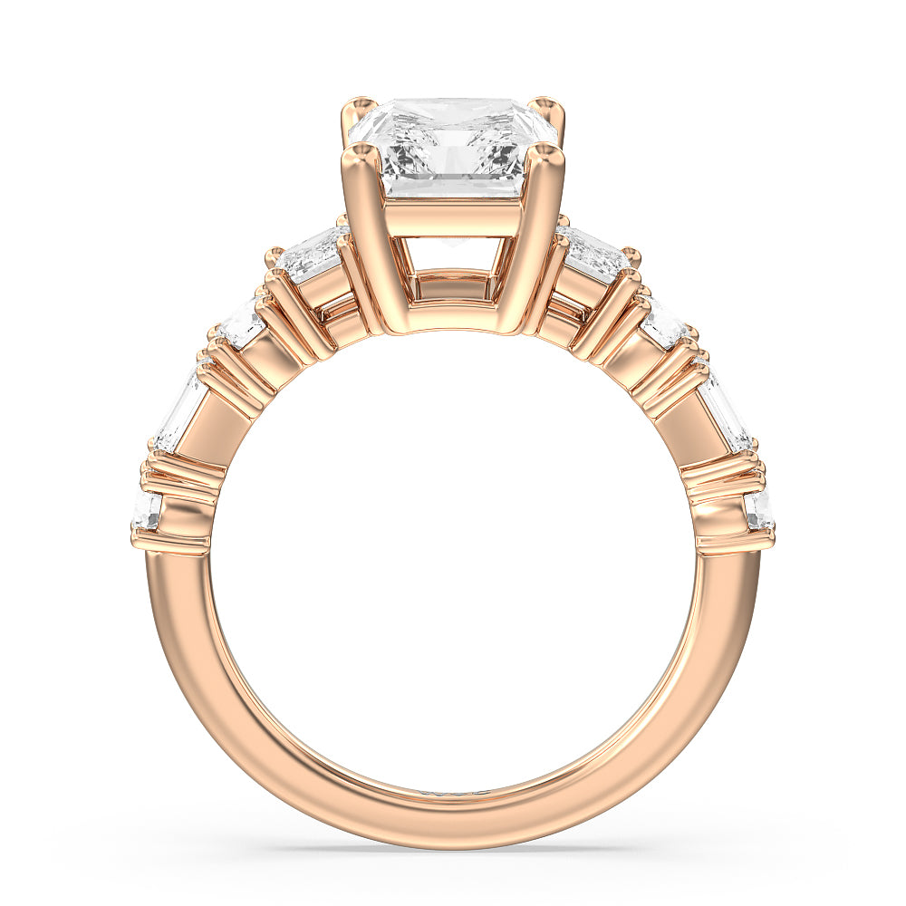 Radiant Cut Emerald and Round Side Stone Engagement Ring with Lab Grown Diamond in 14KT Rose Gold view 2