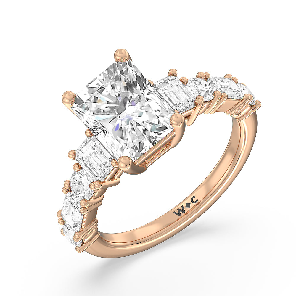 Radiant Cut Emerald and Round Side Stone Engagement Ring with Lab Grown Diamond in 14KT Rose Gold view 3