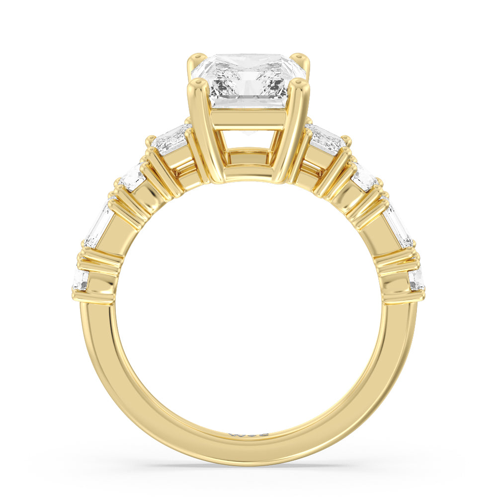 Radiant Cut Emerald and Round Side Stone Engagement Ring with Lab Grown Diamond in 14KT Yellow Gold view 2