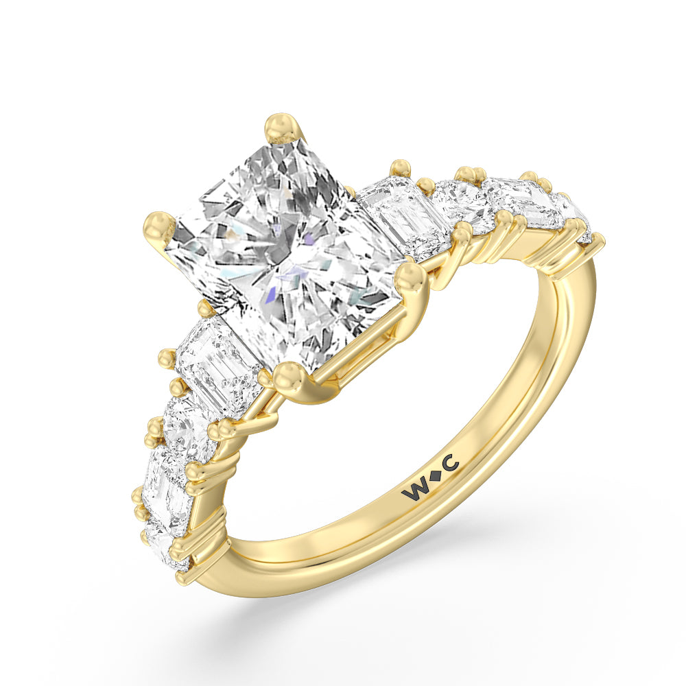 Radiant Cut Emerald and Round Side Stone Engagement Ring with Lab Grown Diamond in 14KT Yellow Gold view 3