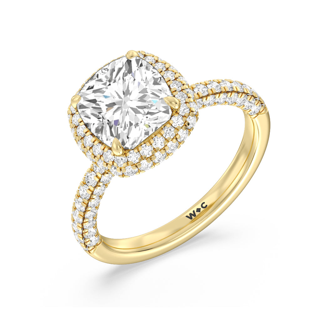 Cushion Cut Falling Edge Dome Halo Engagement Ring with Lab Grown Diamond in 14KT Yellow Gold view 3