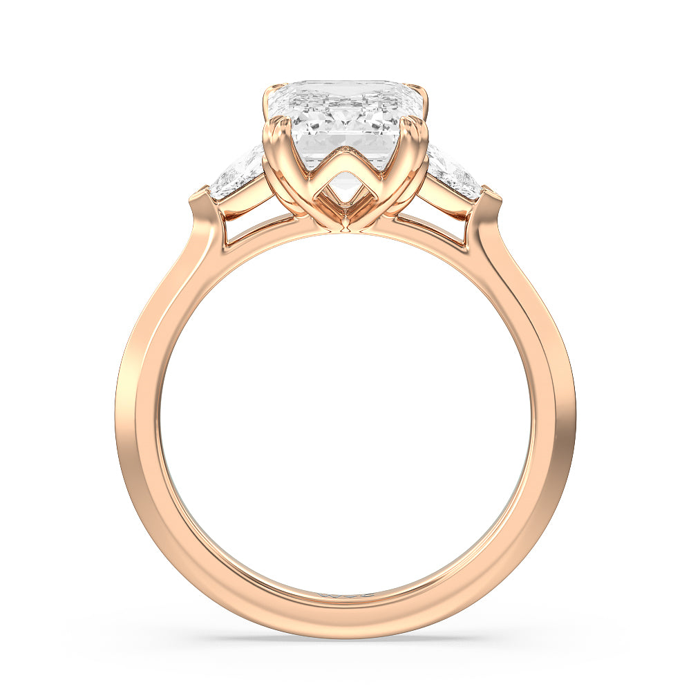 Elegance Trillion Three Stone Engagement Ring with Emerald Cut Diamond in 14KT Rose Gold view 2