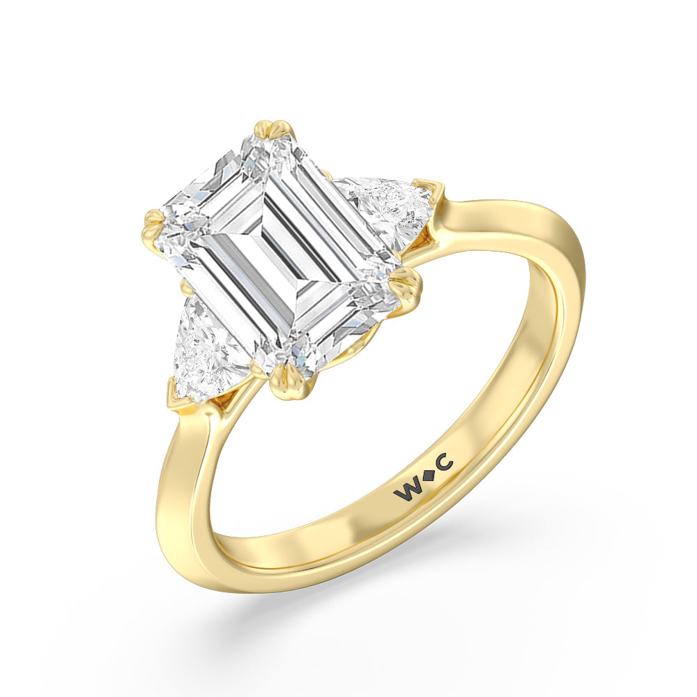 Elegance Trillion Three Stone Engagement Ring with Emerald Cut Diamond in 14KT Yellow Gold view 3