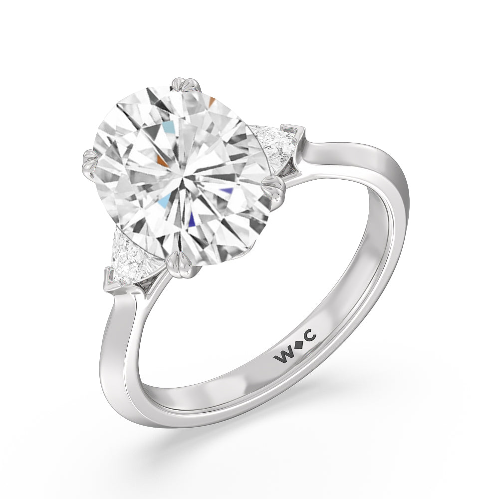 Elegance Trillion Three Stone Engagement Ring with Oval Cut Diamond in 14KT Platinum view 4