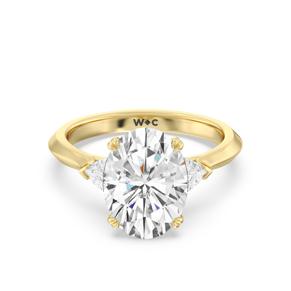 Elegance Trillion Three Stone Engagement Ring with Oval Cut Diamond in 14KT Yellow Gold view 2