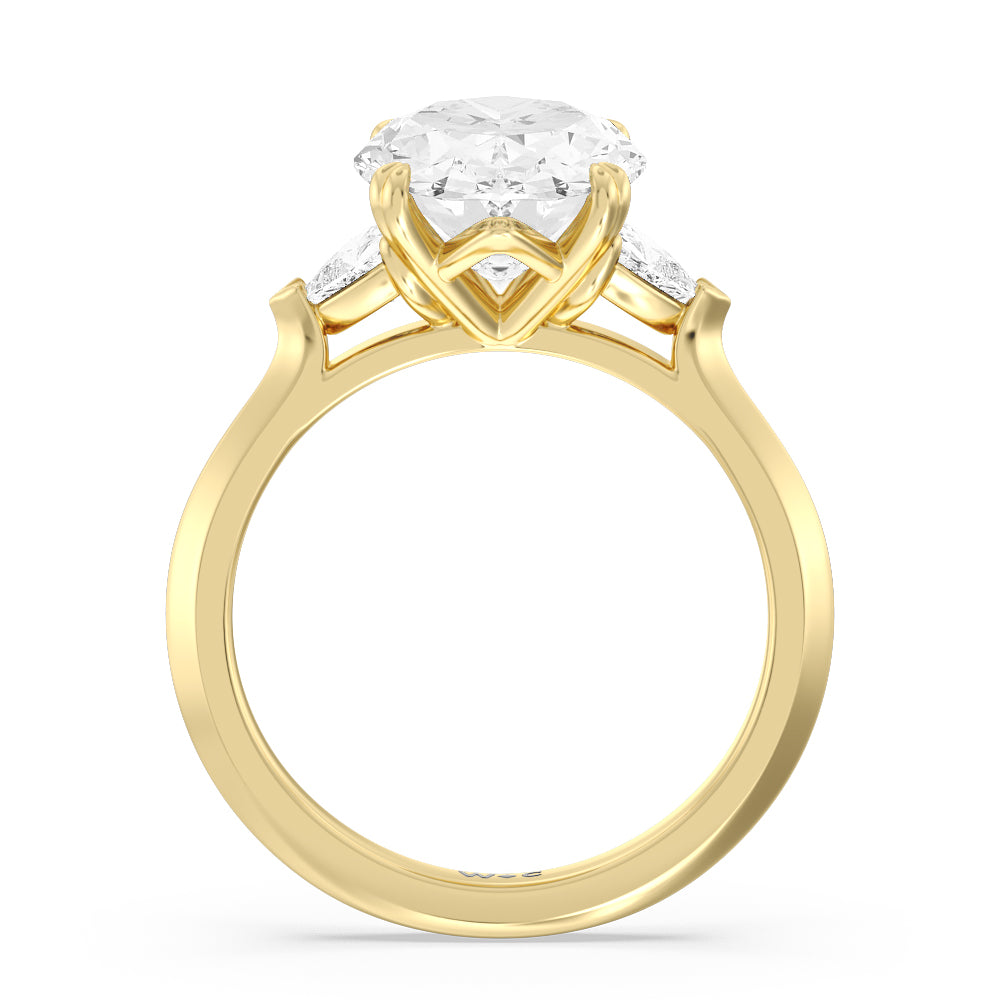 Elegance Trillion Three Stone Engagement Ring with Oval Cut Diamond in 14KT Yellow Gold view 3