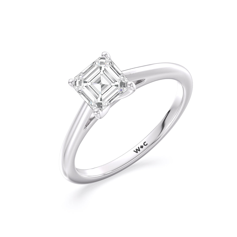 Fine Tapered Cathedral Solitaire Engagement Ring with Asscher Cut Diamond in 14KT Platinum view 3