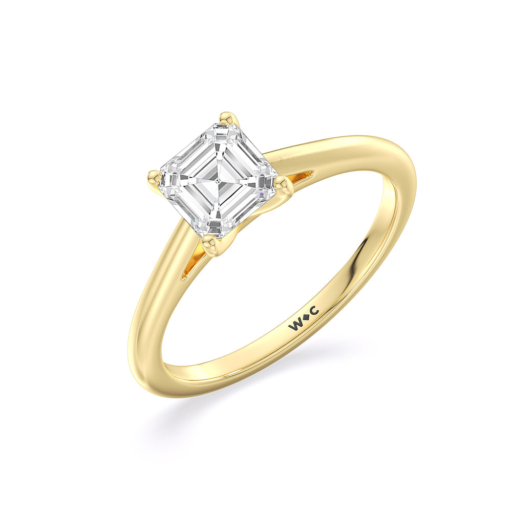 Fine Tapered Cathedral Solitaire Engagement Ring with Asscher Cut Diamond in 14KT Yellow Gold view 3