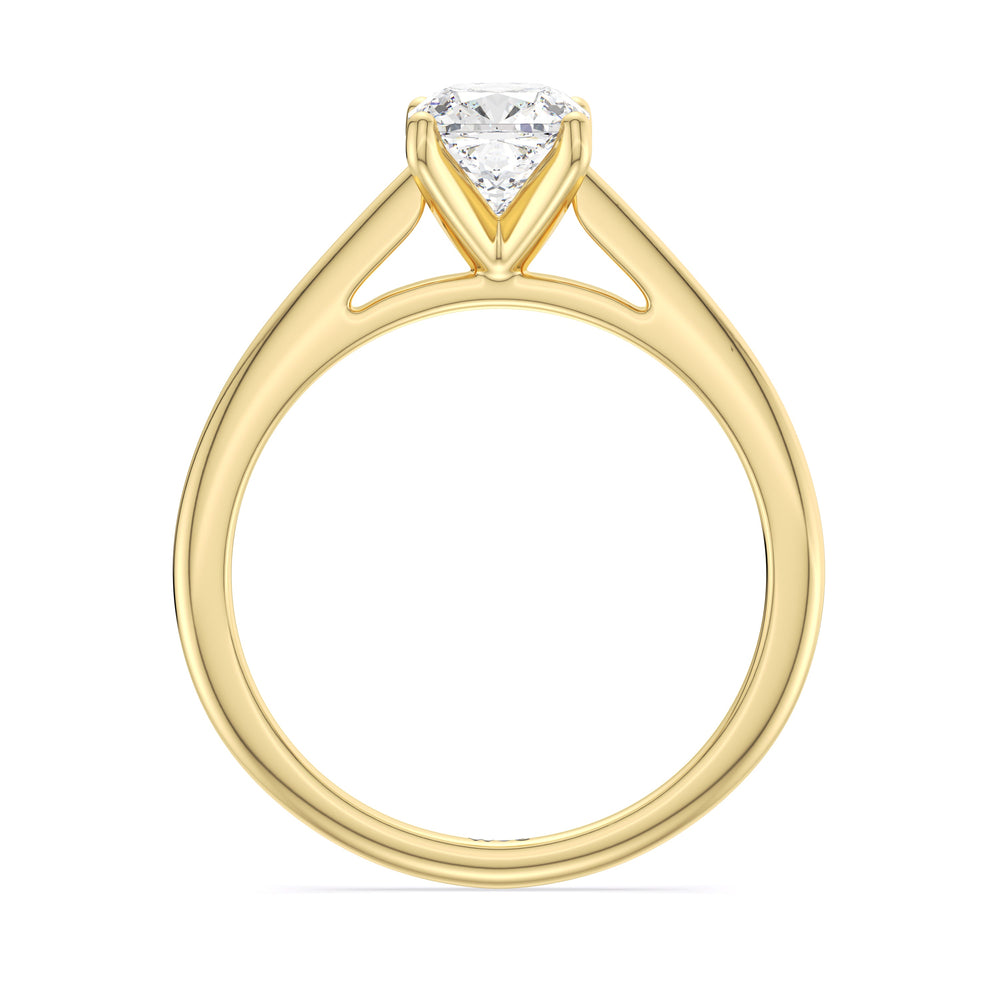 Fine Tapered Cathedral Solitaire Engagement Ring with Cushion Cut Diamond in 14KT Yellow Gold view 2
