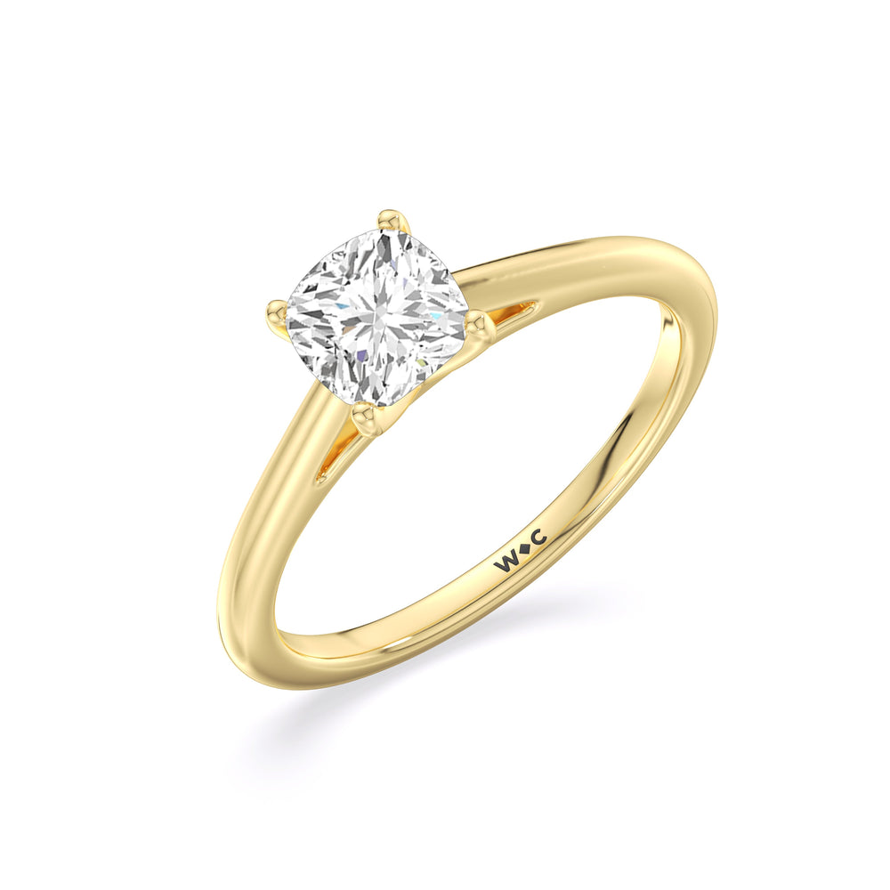 Fine Tapered Cathedral Solitaire Engagement Ring with Cushion Cut Diamond in 14KT Yellow Gold view 3
