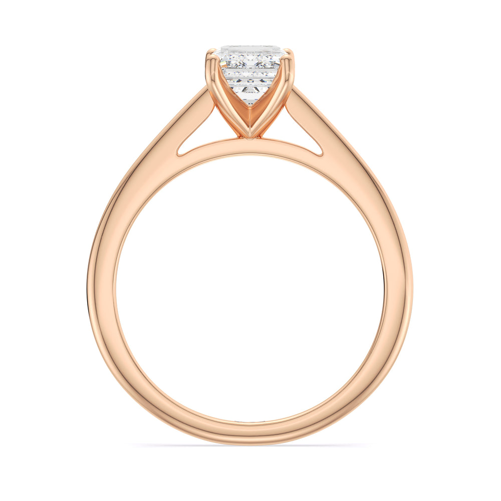 Fine Tapered Cathedral Solitaire Engagement Ring with Emerald Cut Diamond in 14KT Rose Gold view 2