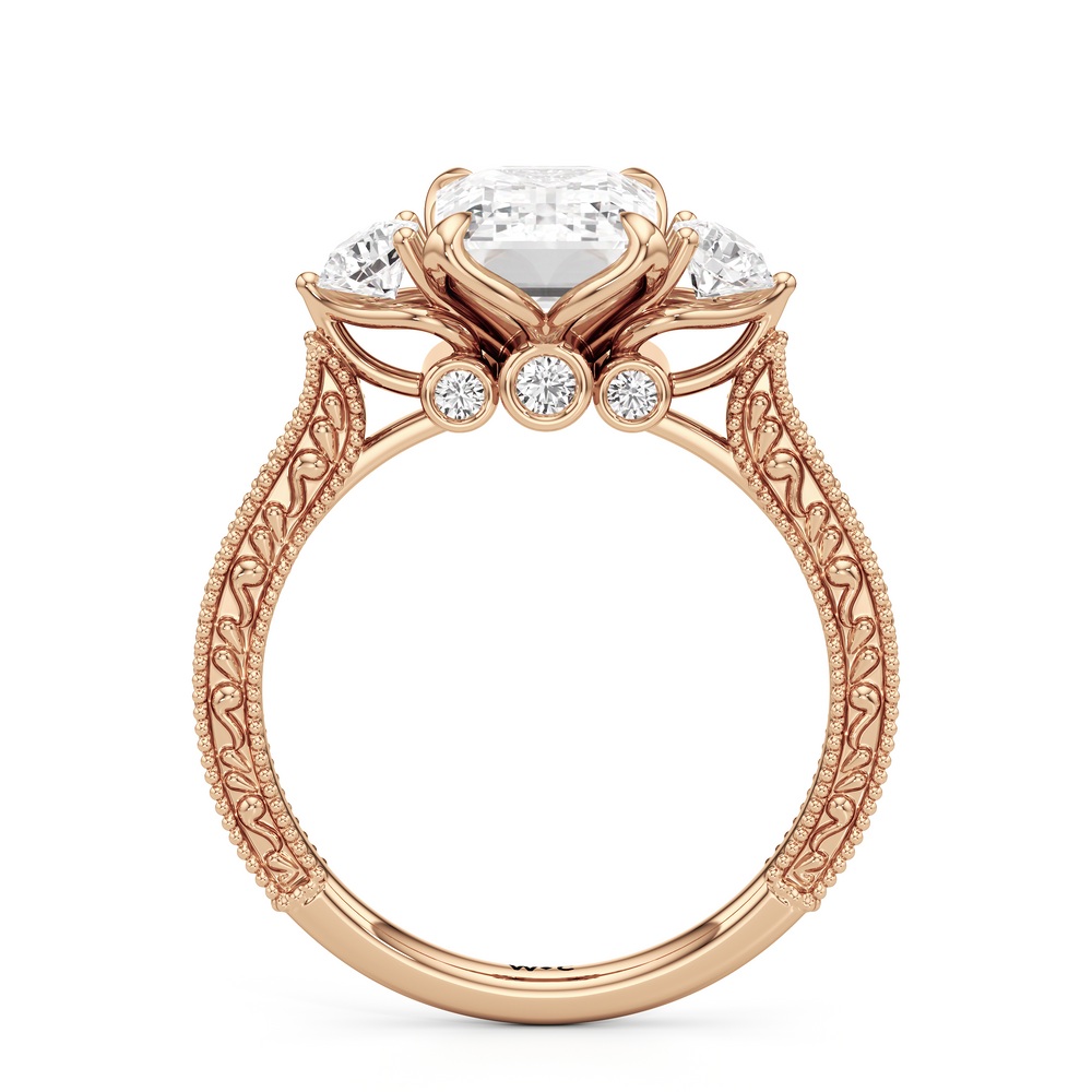 Emerald Cut The Seraphine Round Three Stone Ring with Lab Grown Diamond in 14KT Rose Gold view 3