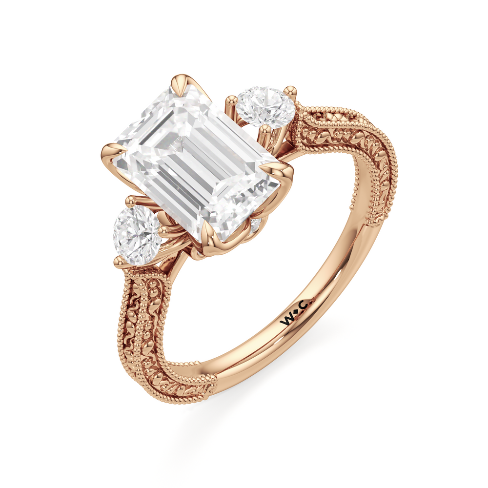 Emerald Cut The Seraphine Round Three Stone Ring with Lab Grown Diamond in 14KT Rose Gold view 4