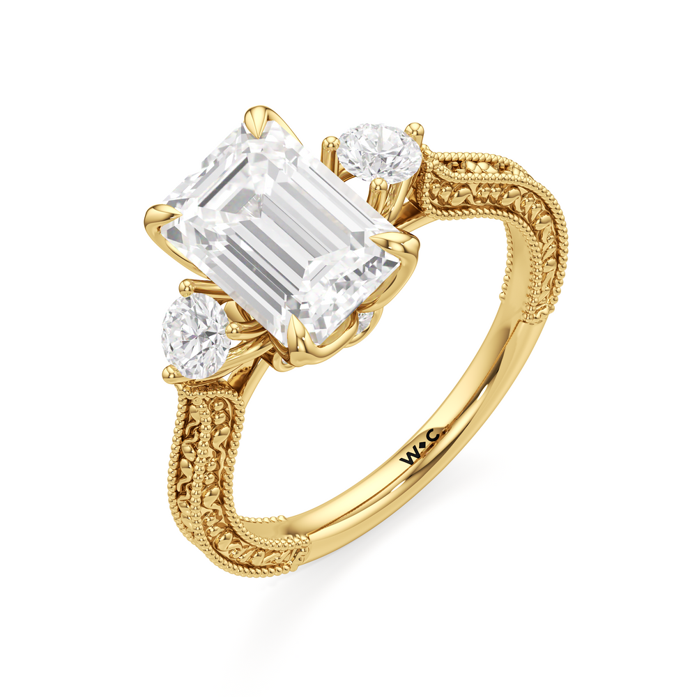 Emerald Cut The Seraphine Round Three Stone Ring with Lab Grown Diamond in 14KT Yellow Gold view 4