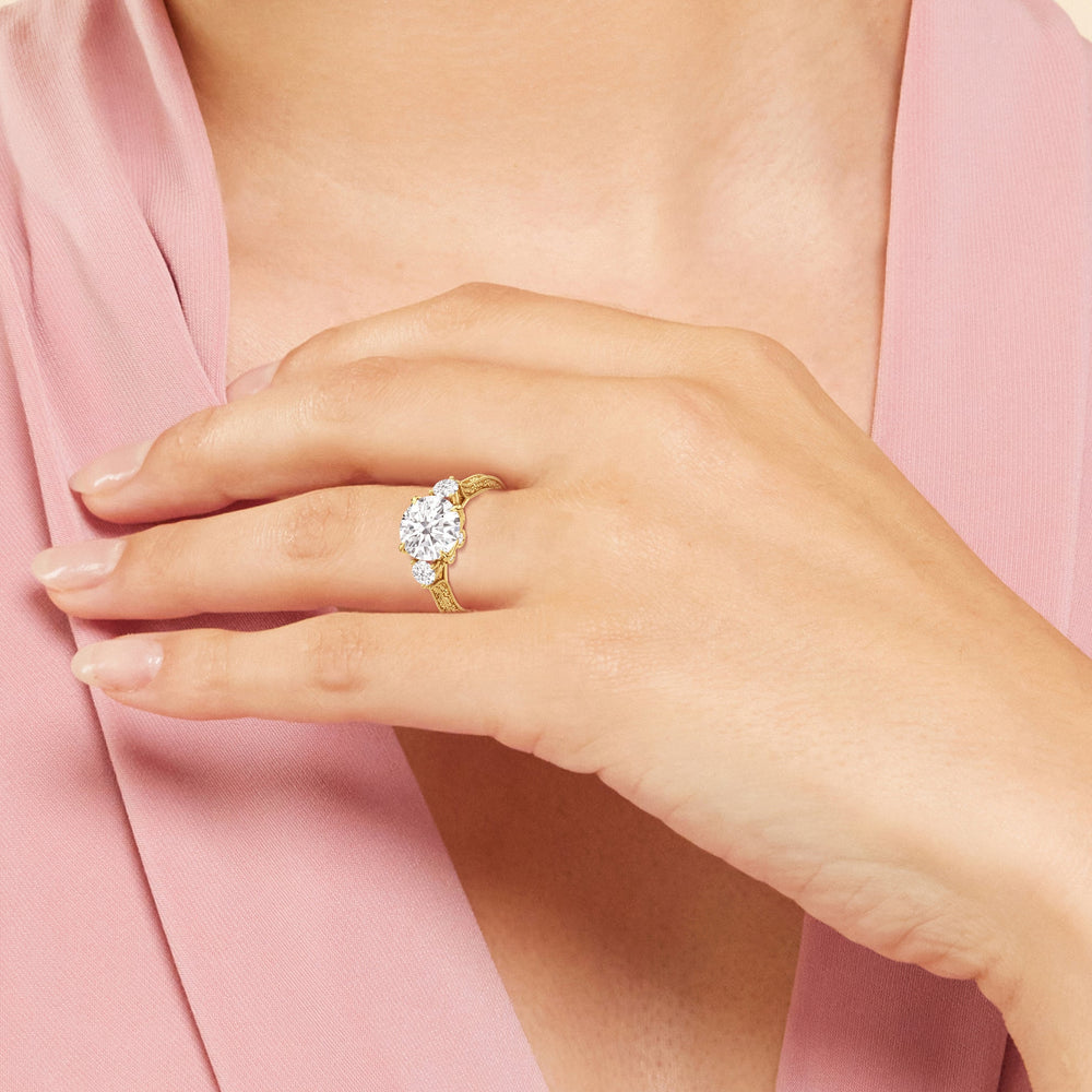 Model Wearing The Seraphine Round Three Stone Ring with Lab Grown Diamond view