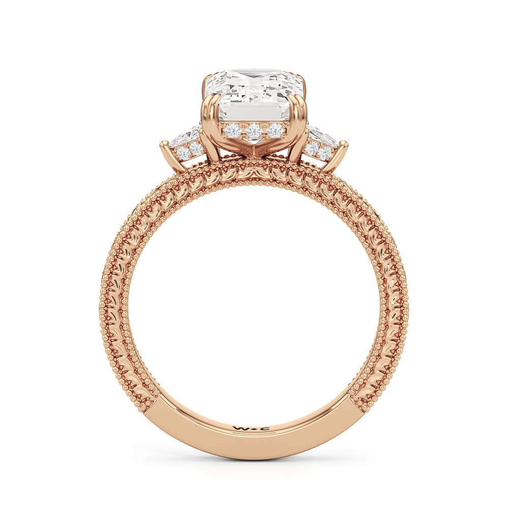 The Seraphine Trillion Three Stone Ring with Emerald Cut Diamond in 14KT Rose Gold view 3