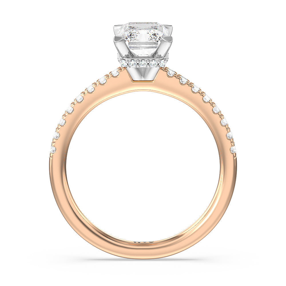 Petite Pave Hidden Halo Engagement Ring with Radiant Cut Diamond in 14KT White & Rose Gold view 2