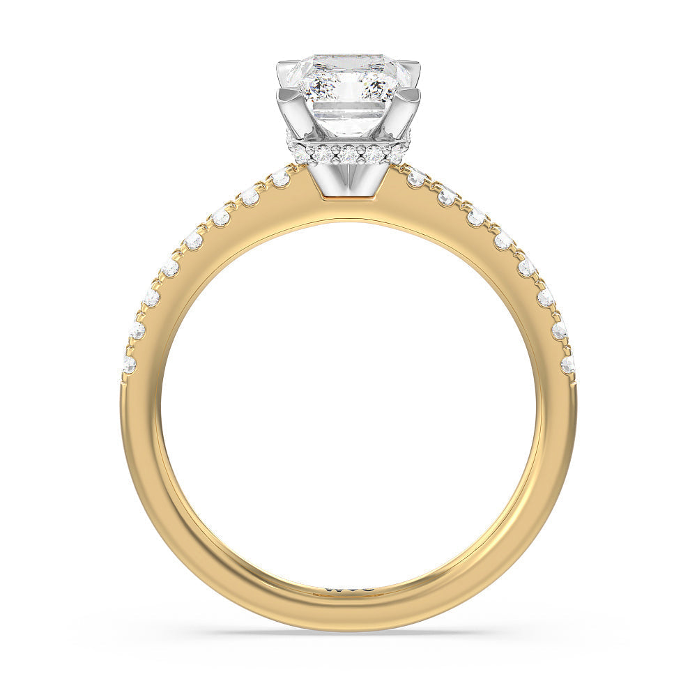 Petite Pave Hidden Halo Engagement Ring with Radiant Cut Diamond in 14KT White & Yellow Gold view 2