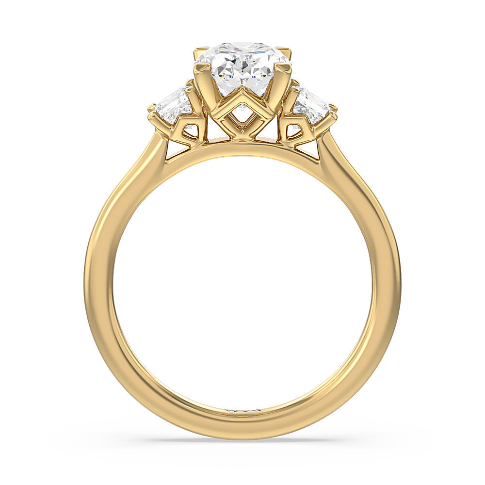 Oval Cut Three Stone Kite Gallery Classic Engagement Ring (E+ VVS+) with Lab Grown Diamond in 14KT Yellow Gold view 2