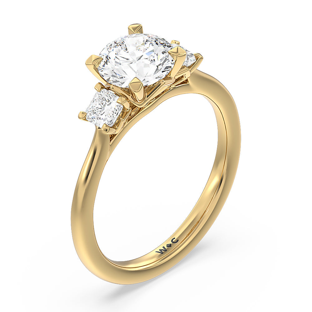 Round Cut Three Stone Kite Gallery Classic Engagement Ring (E+ VVS+) with Lab Grown Diamond in 14KT Yellow Gold view 3