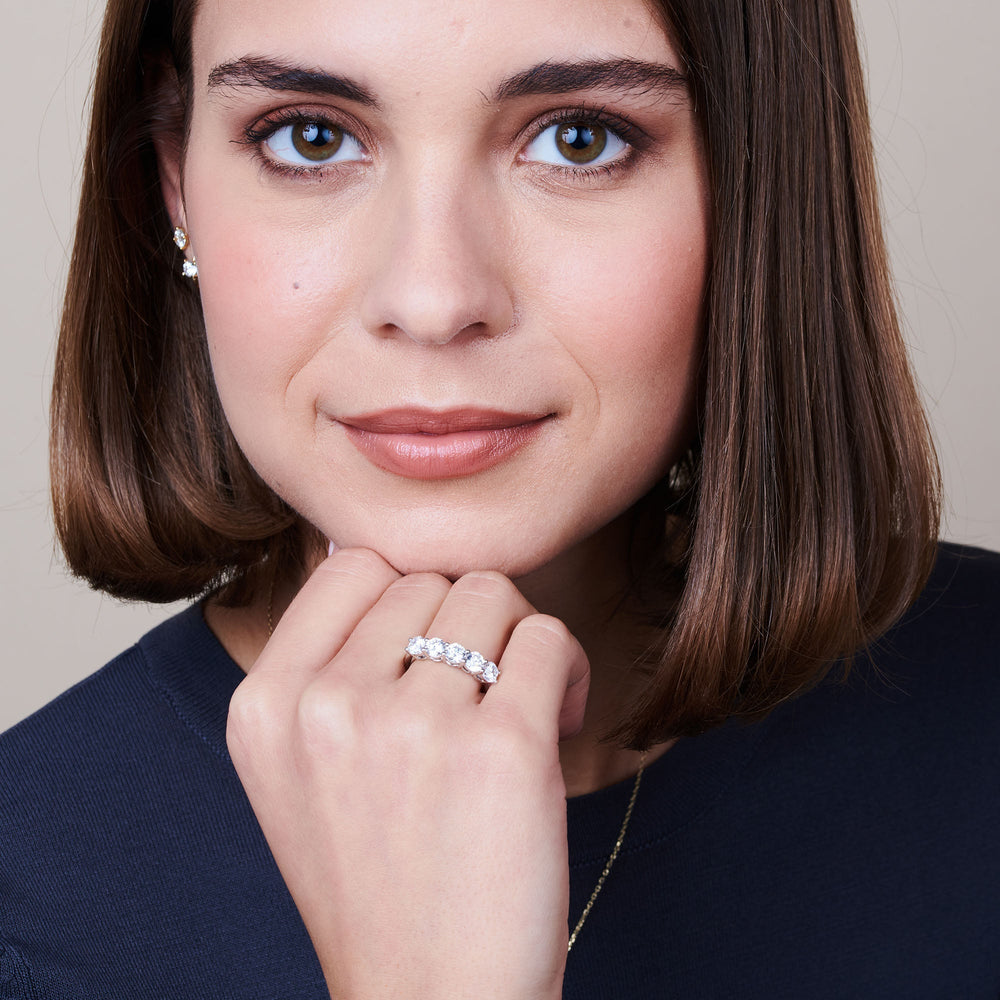 Model Wearing Five Stone Round Brilliant Cut Diamond Ring (F/G SI+) view