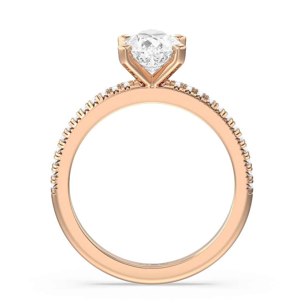 French Cut Pave Diamond Engagement Ring with Pear Cut Diamond in 14KT Rose Gold view 2