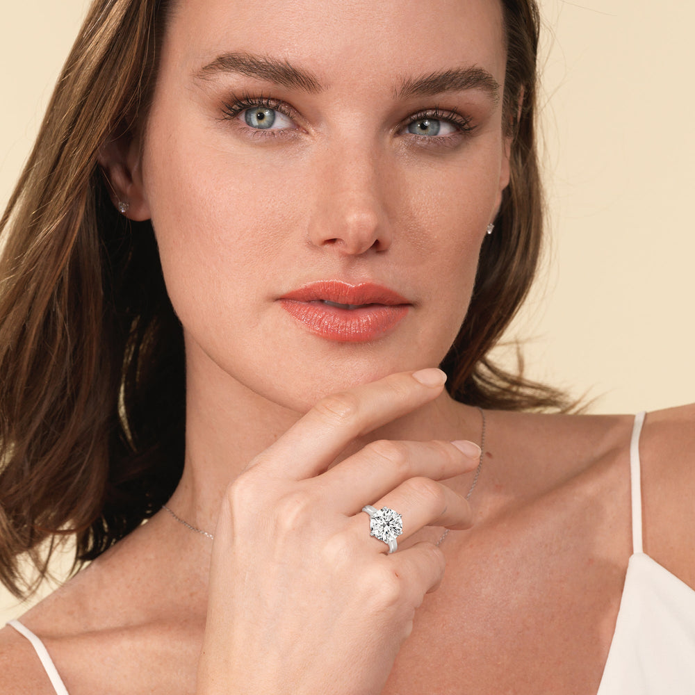 Model Wearing Prominent Tulip Solitaire Ring with Lab Grown Diamond view