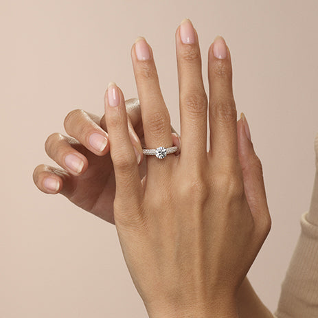 Model Wearing Three Row Micro Pave Diamond Engagement Ring with Lab Grown Diamond view