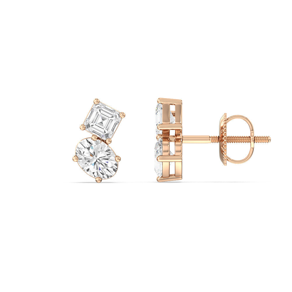 Toi et Moi Square Emerald and Oval Diamond Stud Earrings with 14KT Rose Gold / Lab / 1 3/4 Cut Diamond in 14KT Rose Gold / Lab / 1 3/4 view 2
