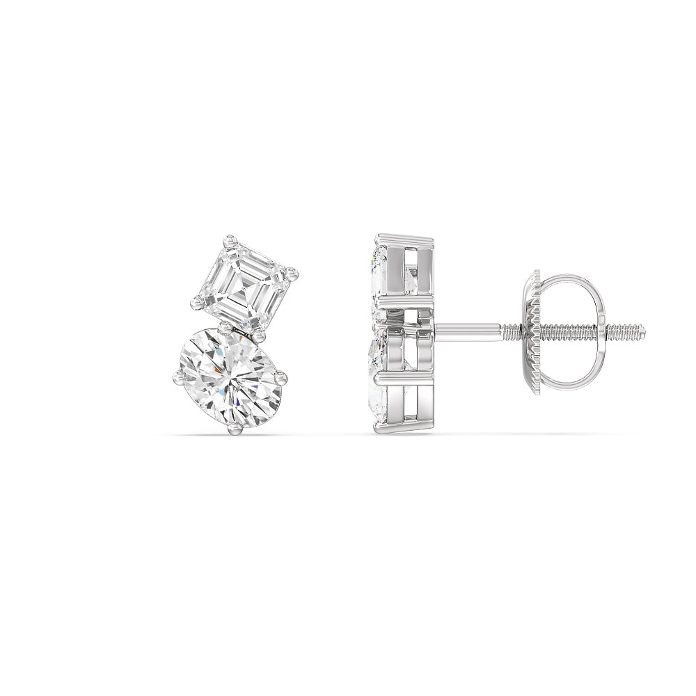 Toi et Moi Square Emerald and Oval Diamond Stud Earrings with 14KT White Gold / Lab / 1 3/4 Cut Diamond in 14KT White Gold / Lab / 1 3/4 view 2