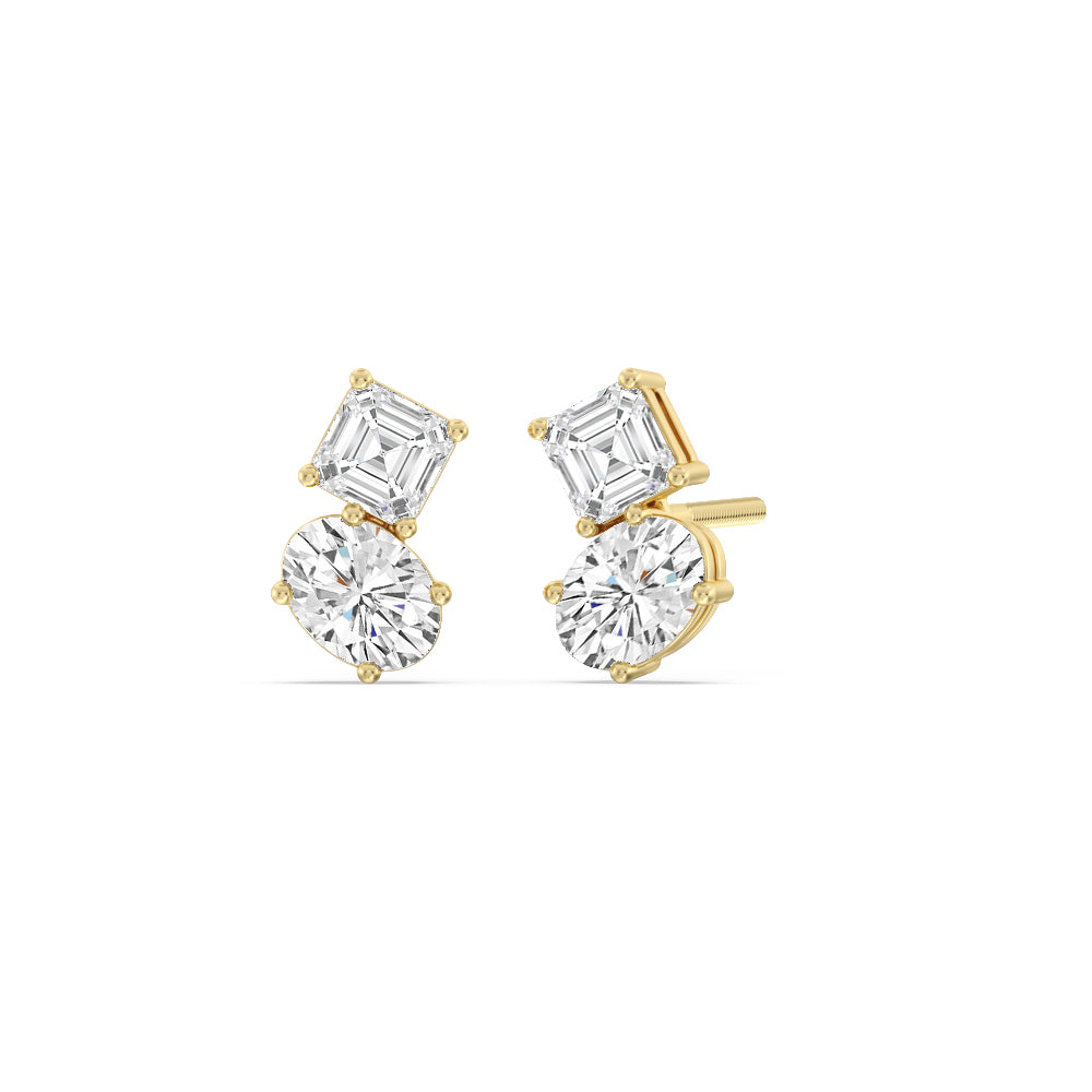Toi et Moi Square Emerald and Oval Diamond Stud Earrings with 14KT Yellow Gold / Lab / 1 3/4 Cut Diamond in 14KT Yellow Gold / Lab / 1 3/4 view 1